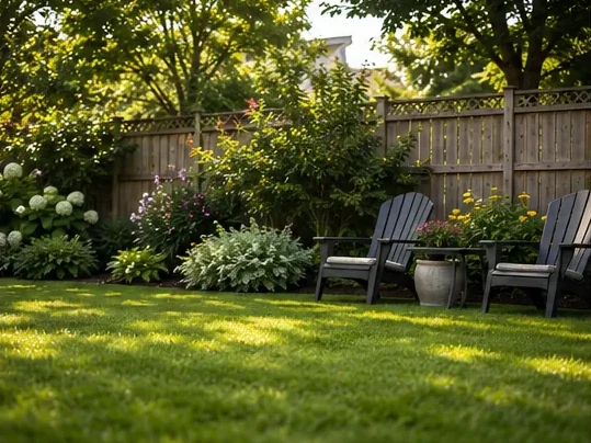 A tidy fenced backyard with mown grass and garden beds, ready to enjoy.