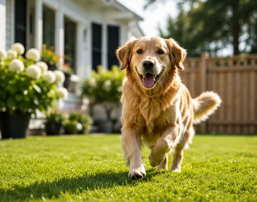 A golden retriever playing happily on a clean backyard lawn.