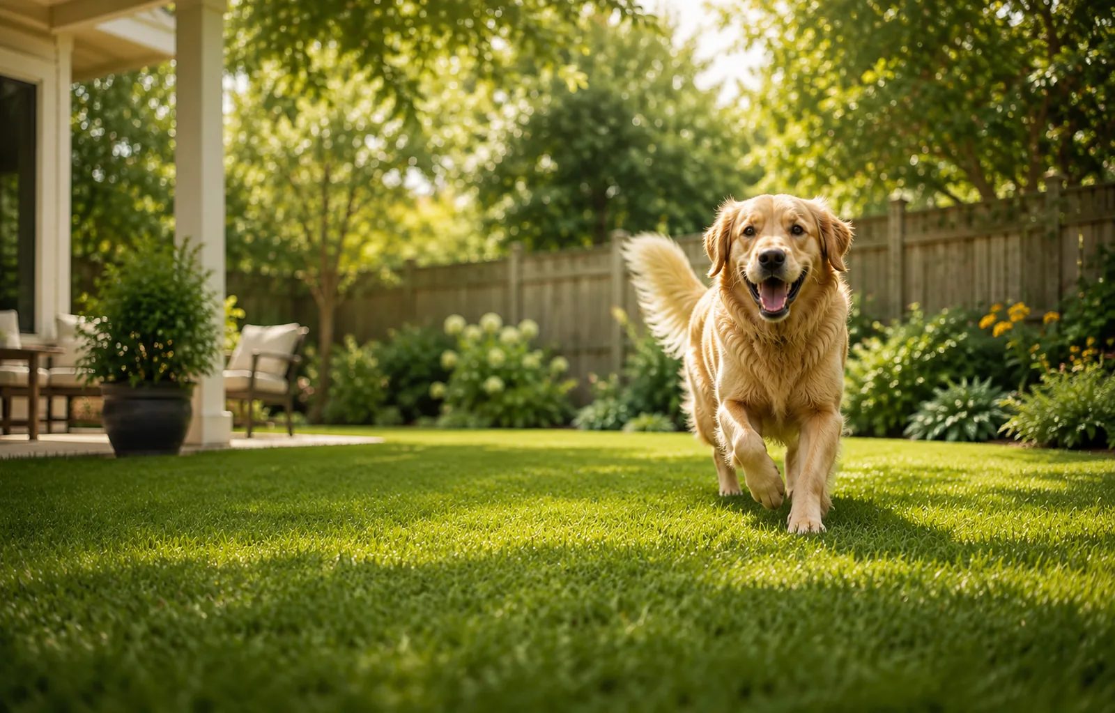 A golden retriever running across a clean, freshly cleared backyard lawn on Daniel Island, South Carolina.