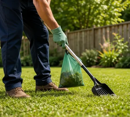A uniformed technician scooping pet waste into a bag on a green lawn.